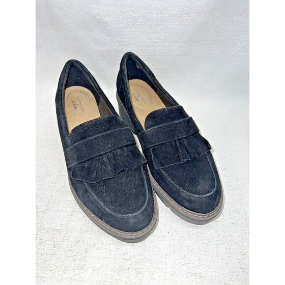 Clarks Collection Airabell Slip On Black Suede Platform Loafer Shoe Sz. 8 - Picture 1 of 9